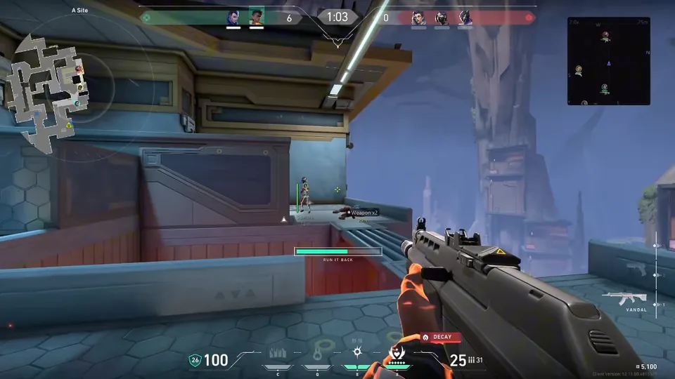 Valorant ranked match first-person view with ESP overlay on A Main