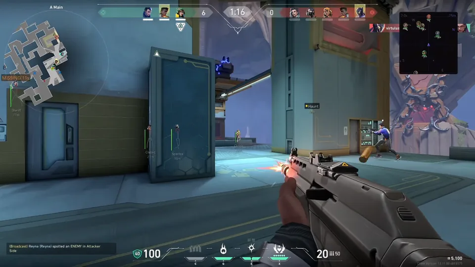 Valorant A Site hold with Vandal and tactical HUD